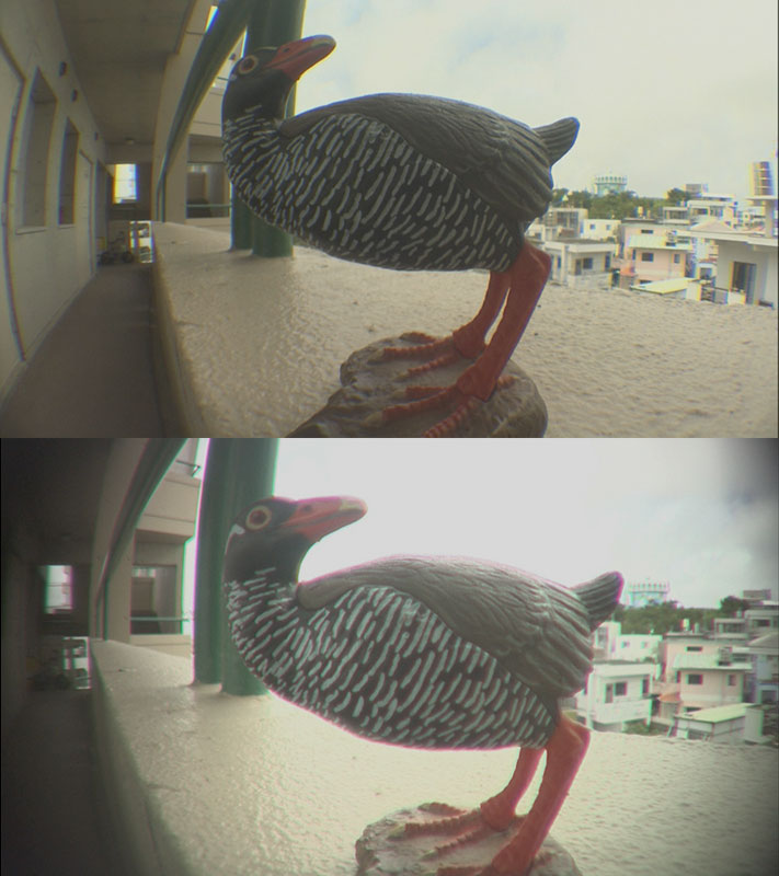 ビデオ用虫の眼レンズ画像比較(上:魚露目8号タイプ）